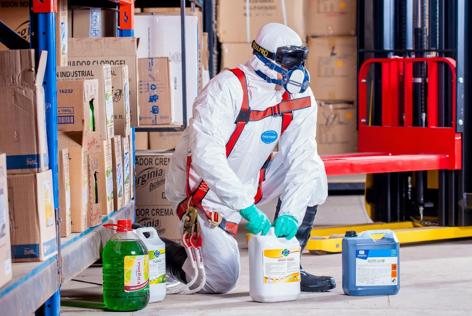 Industrial worker in protective gear handling chemicals in a warehouse environment, research chemicals, industrial chemicals