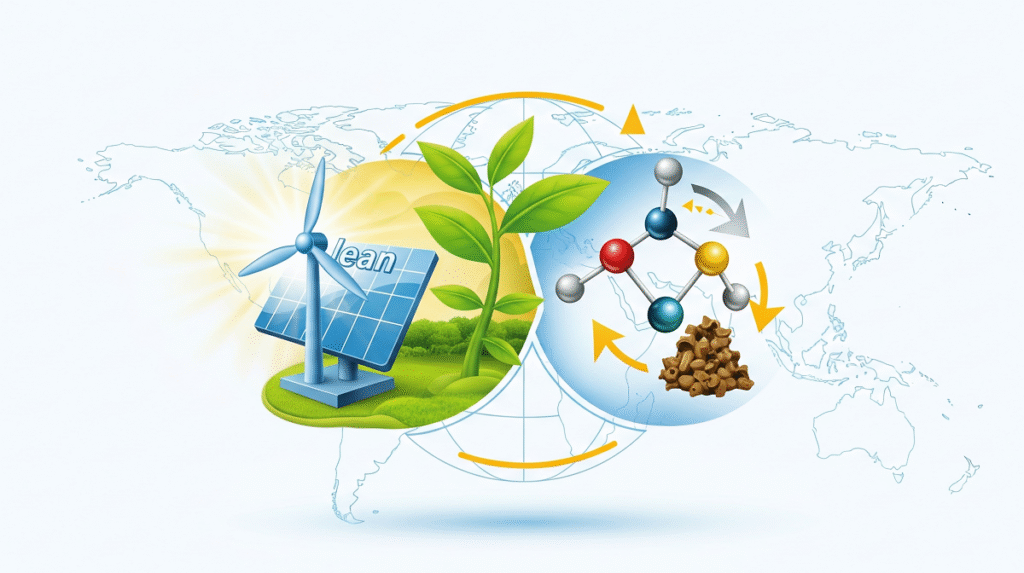 Solar energy, solar panel, wind energy, green plants, clean world, chemistry for a better world, green chemistry