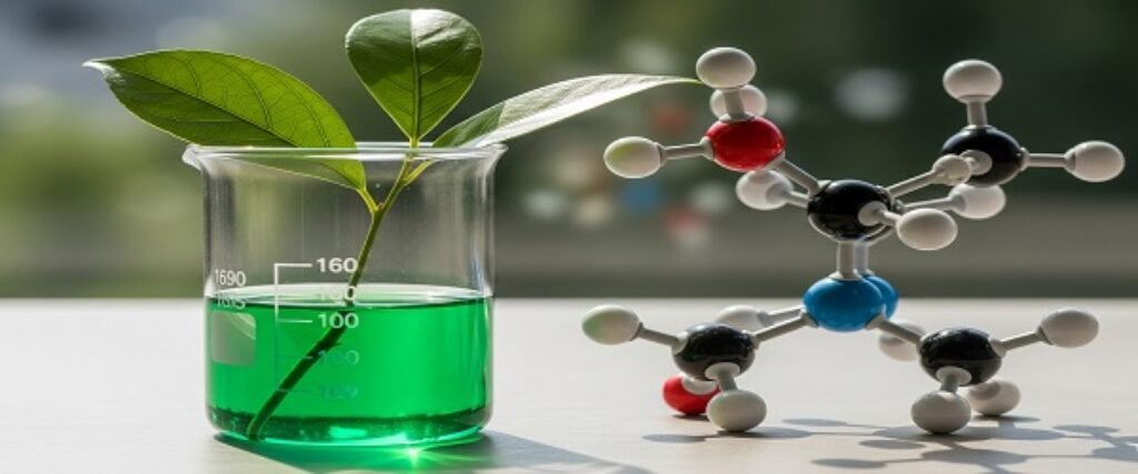 futuristic plant in a green solution alongside organic compound structure, an illustration of Chemiverse Sage focus