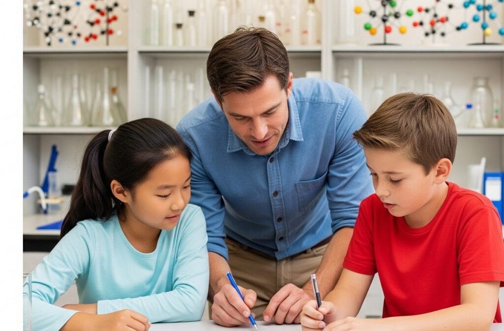 Chemistry teacher helping students work out Chemistry questions