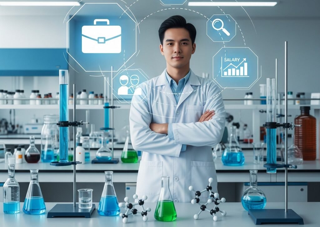 young chemist in a post-modern chemistry lab, how to teach chemistry effectively